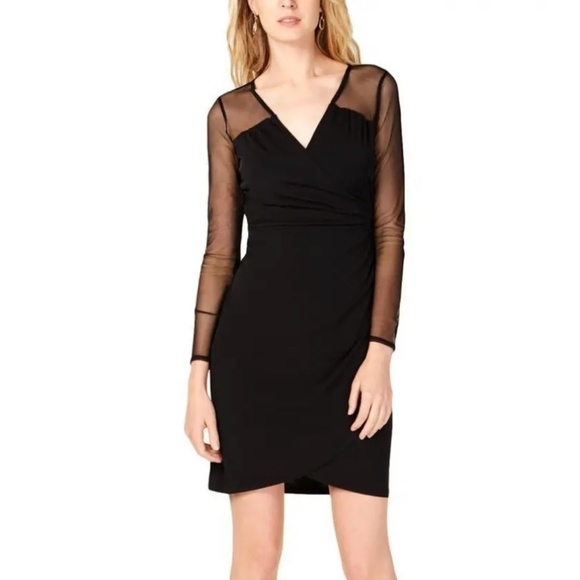 Lauren Ralph Lauren Mini dress Faux wrap V neckline Sheer Mesh long sleeve Sz 8 - Picture 1 of 11